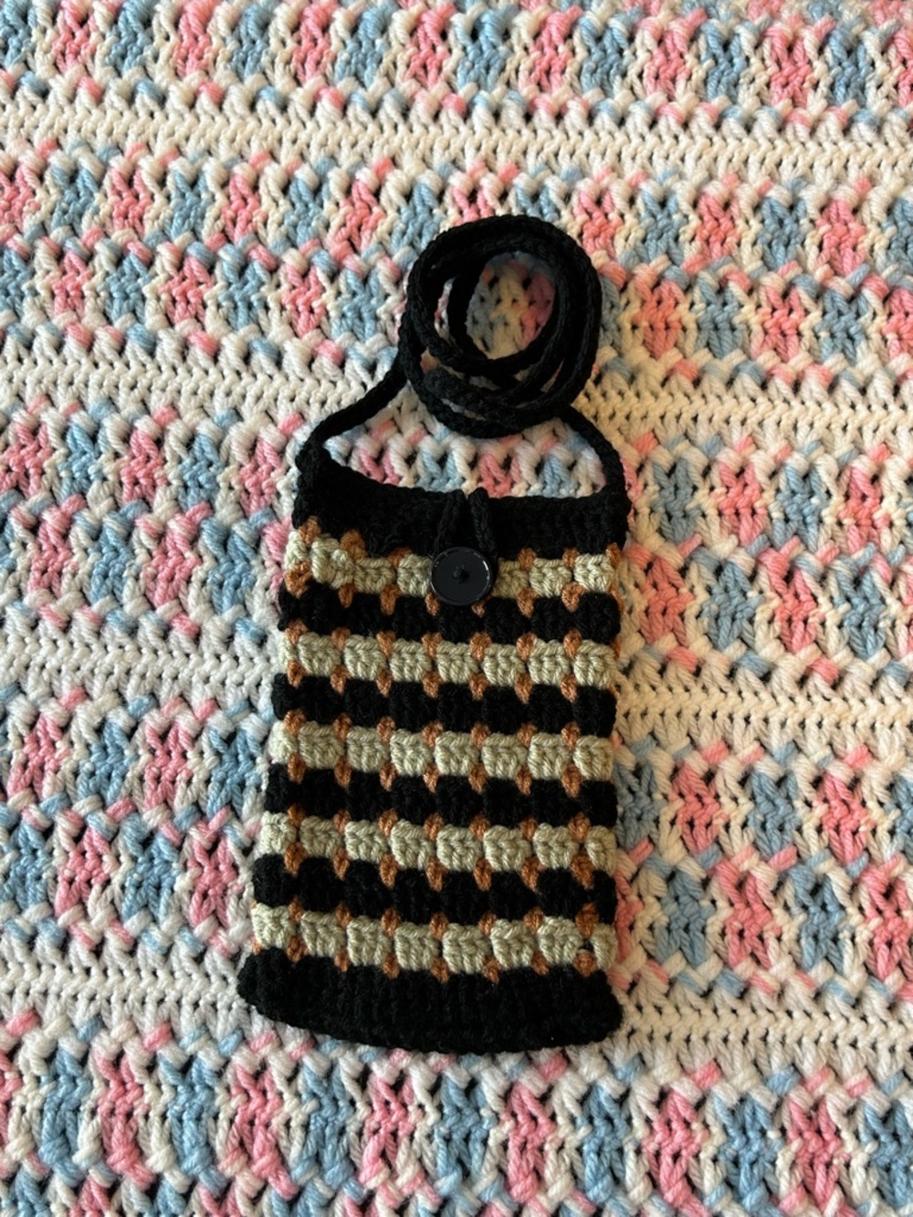 Hand Crafted Black, Brown & Cream Crochet Crossbody Bag